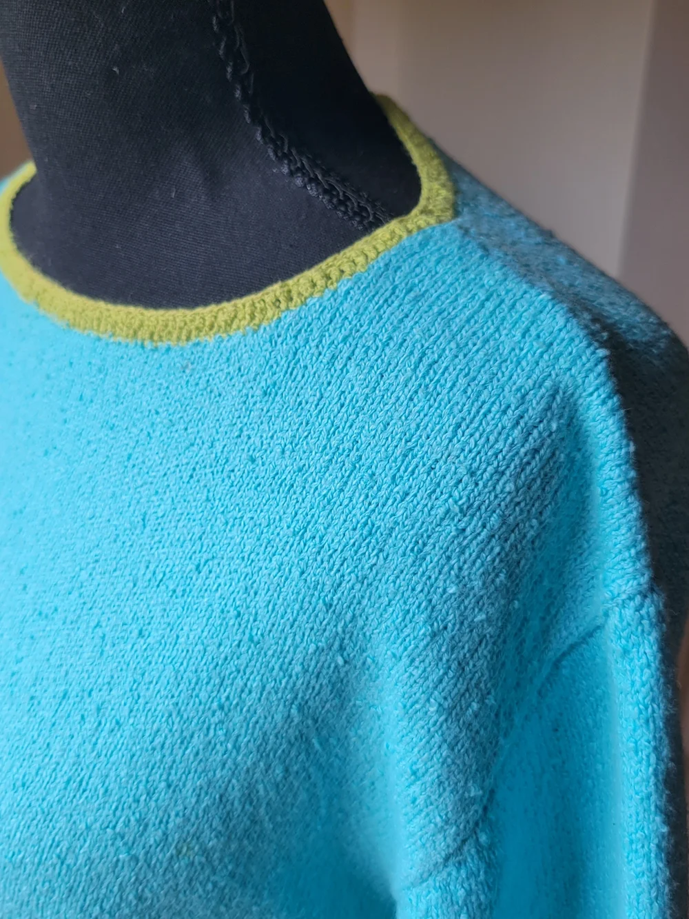 Vintage Colorblock Knit Pullover Sweater Aqua Blue Lime Green Button Accent M